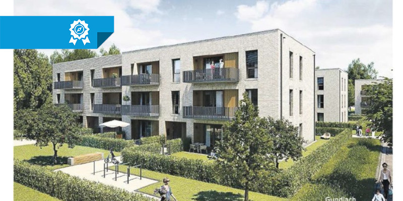 Digitale Darstellung der hellen Wohnhäuser in Blockform mit Balkone und Grün drum herum.