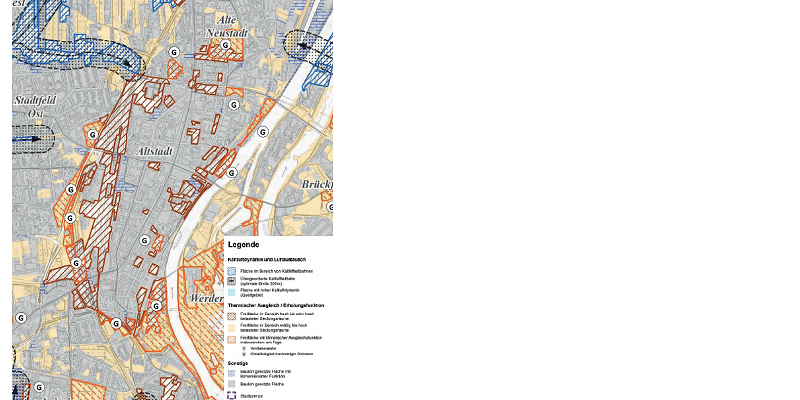 Eine Karte des Altstadt Magdeburgs, in der mit Farben und Schraffuren Kaltluftschneisen und klimatische Ausgleichstrukturen markiert sind.