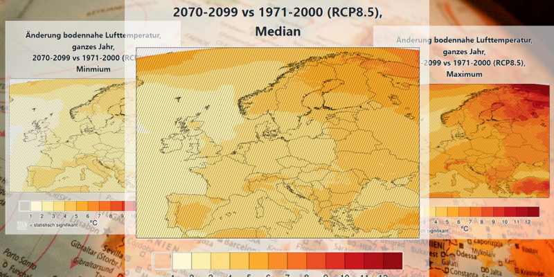 Im Hintergrund befindet sich eine Nahaufnahme eines Globus. Im Vordergrund sind drei Karten Europas versetzt angeordnet, auf denen die "Änderung der bodennahen Lufttemperatur im ganzen Jahr" mit dem Minimal-, Median-, und Maximalwert in unterschiedlichen Rottönen dargestellt wird.