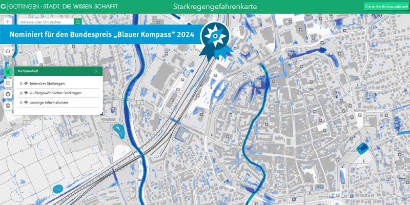 Das Bild zeigt einen Ausschnitt der Starkregengefahrenkarte der Stadt Göttingen
