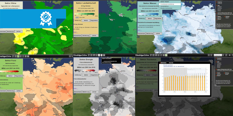 Mehrere Ausschnitt einer Karte von Deutschland, auf denen die Klimawandelfolgen in den Sektoren Klima, Landwirtschaft, Wasser, Forst und Energie veranschaulicht werden.