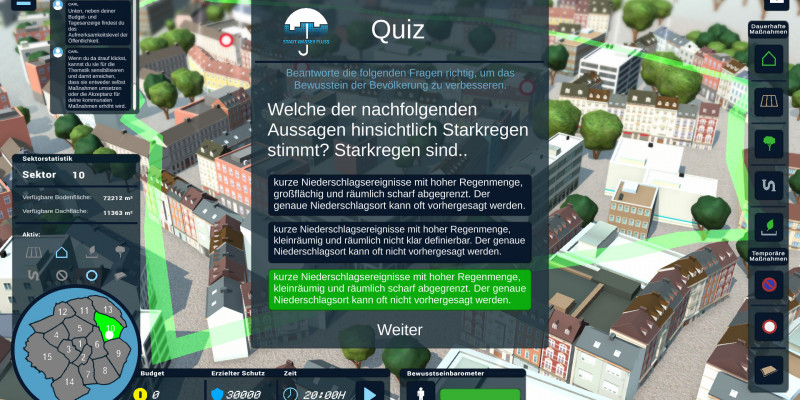 Auf diesem Screenshot hat sich über die Stadtansicht ein Fenster gelegt, in dem eine Quiz-Frage zu Starkregenereignissen gestellt wird, die beantwortet werden muss.