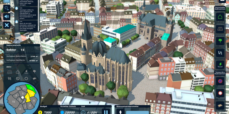 Ein Sreenshot der Spieloberfläche. Hier ist der computergenerierte Stadtkern Aachens abgebildet.