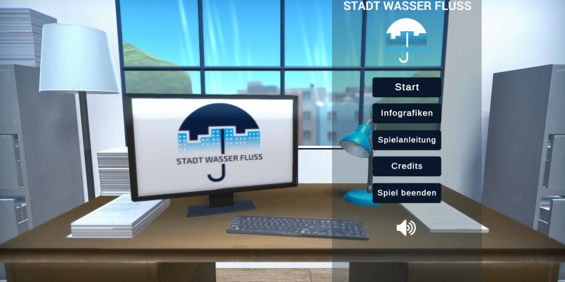 Screenshot des Spielstartbildschirms mit GUI und einem Arbeitsplatz am Schreibtisch im Hintergrund.
