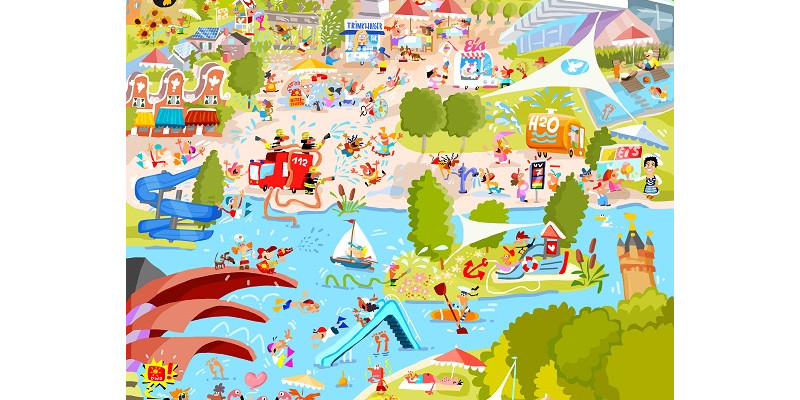 Wimmelbild mit diversen Hitzeschutzmaßnahmen kindgerecht aufbereitet