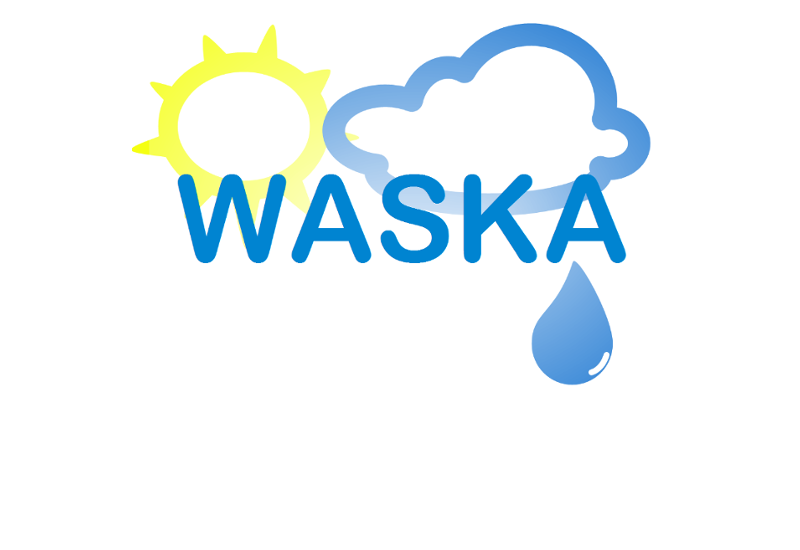 Logo WASKA in blauen Großbuchstaben geschrieben vor gelber Sonne und blauer Wolke mit Regentropfen. 