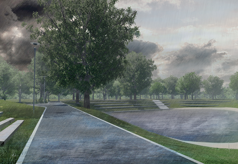 Eine Visualisierung eines Gehweges in einem Park. Es regnet stark. Rechts vom Weg ist eine flächige Bodenvertiefung, die sich mit Regen füllt.