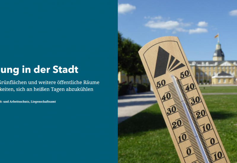 Titelbild des Karlsruher Stadtplans für heiße Tage. Fotografie eines Thermometers neben Text.