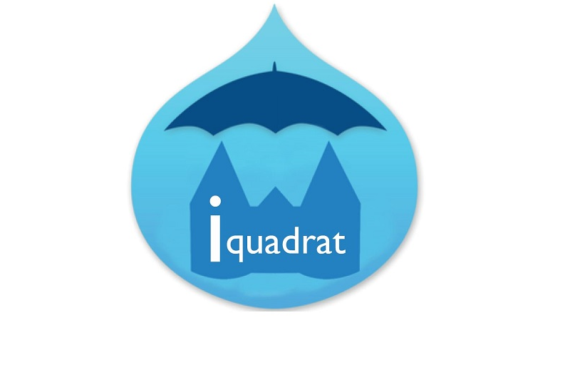 Logo des Projektes i-quadrat. In einem hellblauen Wassertropfen ist ein Stadtmauertor mit dem Schriftzug "i quadrat" unter einem Schirm abgebildet.