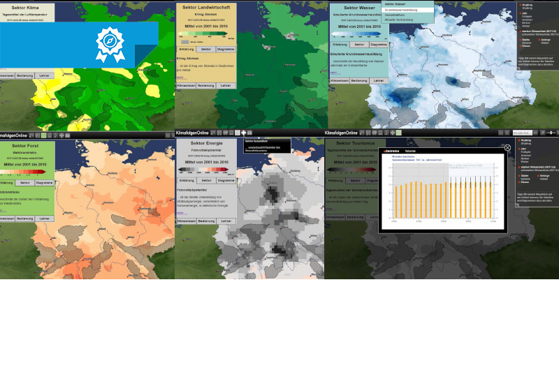 Mehrere Ausschnitt einer Karte von Deutschland, auf denen die Klimawandelfolgen in den Sektoren Klima, Landwirtschaft, Wasser, Forst und Energie veranschaulicht werden.
