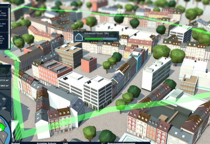 Ein Screenshot aus dem laufenden Spiel, in dem die GUI mit verschiedenen Elementen (Live-Chat, "Sektorenstatistik"...) und eine computergenerierte Stadtansicht eines Aachener Stadtteils zu sehen ist.