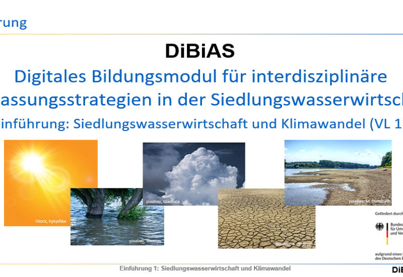 Folie mit Modul- und Vorlesungstitel sowie einer Collage bestehend aus 5 Bildern zu verschiedenen Aspekten des Klimawandels.