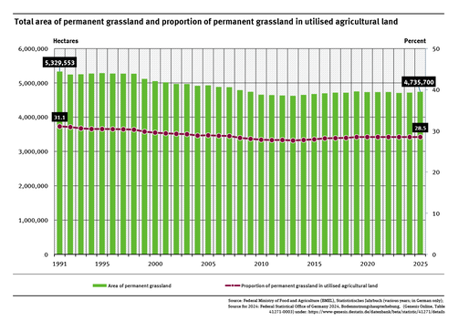 A graph shows the area of permanent grassland and its share of the total agricultural area from 1991 to 2025. Both indicators have been declining until 2013 and have then increased in the years that followed. Most recently, the values have stagnated. 