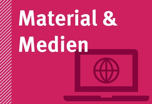 weiße Schrift auf pinkem Hintergrund "Material & Medien"