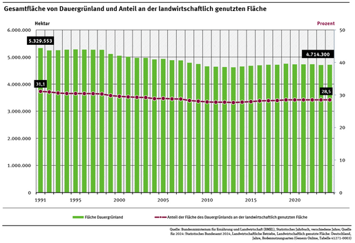 Ein Diagramm zeigt die Dauergrünlandfläche und ihren Anteil an der landwirtschaftlich genutzten Fläche von 1991 bis 2024. Beide Indikatoren zeigen vor 2013 einen rückläufigen Trend und sind nach 2013 wieder etwas gestiegen. Zuletzt stagnierten die Werte. 