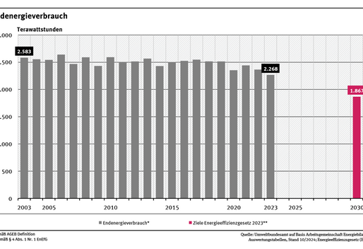 Ein Diagramm zeigt den Endenergieverbrauch von 2008 bis 2023. Der Trend ist tendenziell leicht fallend, schwankt aber wegen des Einflusses der Witterung von Jahr zu Jahr. Weiterhin ist das Ziel des EnEfG für das Jahr 2030 dargestellt. 