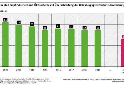 Das Diagramm zeigt den Flächenanteil empfindlicher Ökosysteme in Deutschland, auf dem die Belastungsgrenzen für Eutrophierung im Zeitraum 2000 bis 2019 überschritten wurden sowie das Ziel für 2030. Im Jahr 2000 lag der Wert bei 84 %, 2019 bei 69 %.