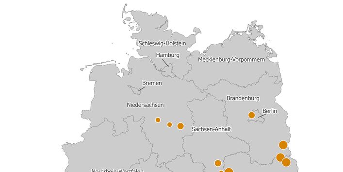 Die Karte zeigt die räumliche Verteilung der PRTR-berichtspflichtigen Wärmekraftwerke und anderen Verbrennungsanlagen unter Angabe der jeweiligen Quecksilber-Emissionsmengen in die Luft für das Berichtsjahr 2024.