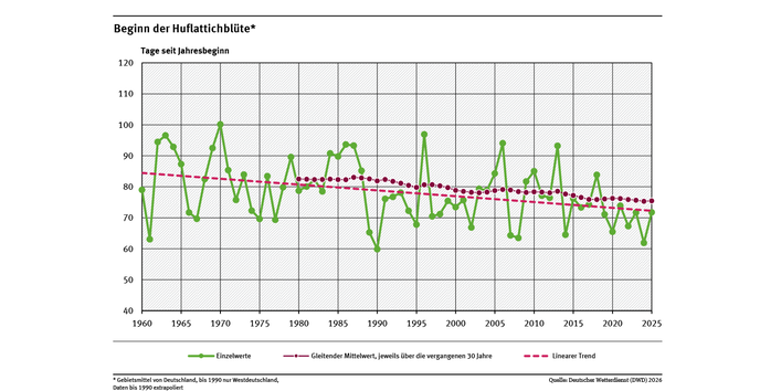 Das Liniendiagramm zeigt den Zeitpunkt des Blühbeginns beim Huflattich (Tage ab Jahresbeginn, Gebietsmittel für Deutschland) seit 1960. Der lineare Trend zeigt, dass der Zeitpunkt sich tendenziell in Richtung Jahresbeginn verschiebt.