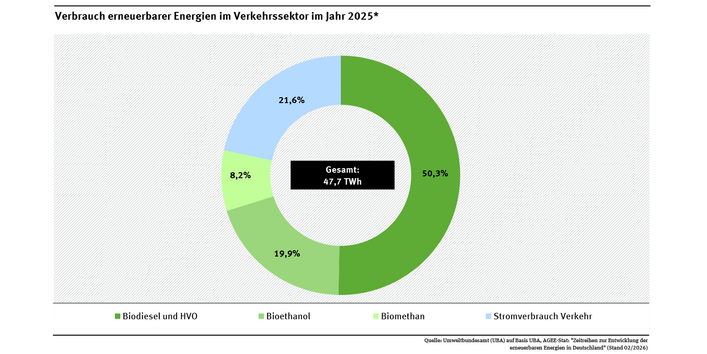 Ein Ringdiagramm stellt für das Jahr 2025 die Zusammensetzung der erneuerbaren Energien im Verkehrssektor dar. Den größten Anteil hat Biodiesel, gefolgt von Bioethanol.