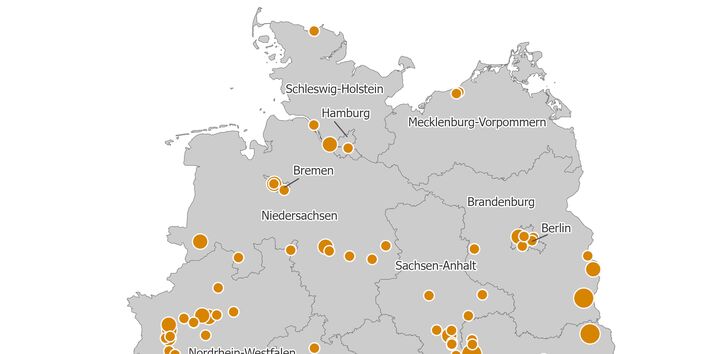 Die Karte zeigt die räumliche Verteilung der PRTR-berichtspflichtigen Wärmekraftwerke und anderen Verbrennungsanlagen unter Angabe der jeweiligen Kohlendioxid-Emissionsmengen in die Luft für das Berichtsjahr 2024.
