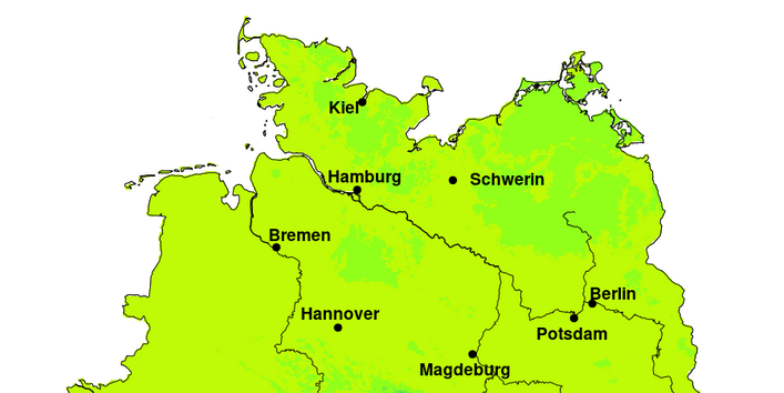 Die Deutschlandkarte zeigt eine recht uniforme Verteilung der durchschnittlichen jährlichen Lufttemperatur. Die Extreme finden sich in den wenigen kalten Gebirgslagen und Tieflandlagen wie am Ober- und Unterrhein.