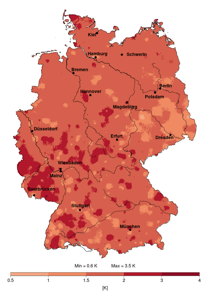 Deutschlandkarte: Im Vergleich zum Normalwert sind die Lufttemperaturen in Deutschland überall gestiegen. Nördlich der Linie Düsseldorf – Erfurt – Dresden überwiegend um 1,5 K bis 2 K, unter dieser Linie meist sogar 2 K bis 3 K. Das äußere Ende der Spannweite (+0,6 K / +3,5 K) wird nur punktuell erreicht.