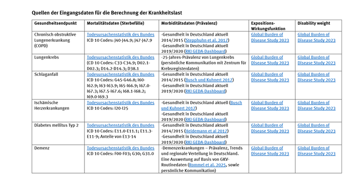 Die Tabelle führt die Quellen für die Berechnungen der Krankheitslast auf.