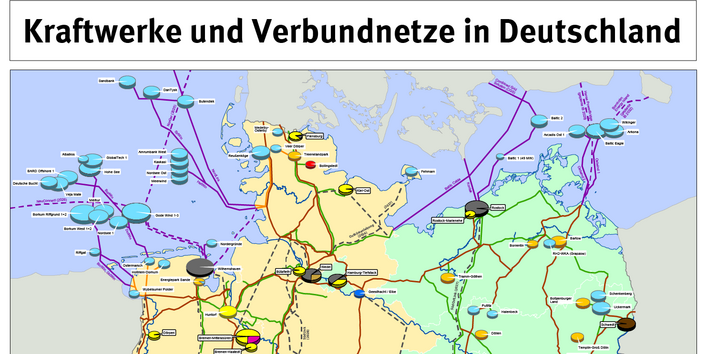 In der Karte der Kraftwerksstandorte sind Kraftwerke der öffentlichen Stromversorgung und Industriekraftwerke  mit einer Bruttoleistung ab 100 MW verzeichnet. Weiterhin sind die Höchstspannungsleitungen in den Spannungsebenen 380 kV und 220 kV eingetragen.