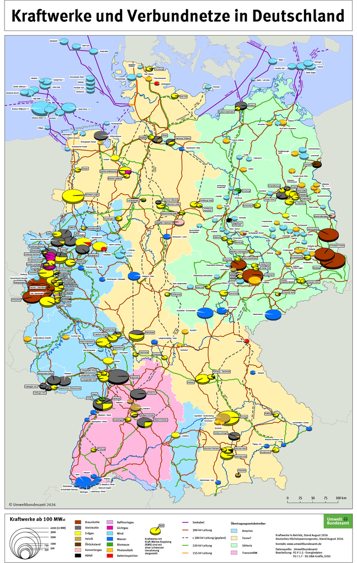 In der Karte der Kraftwerksstandorte sind Kraftwerke der öffentlichen Stromversorgung und Industriekraftwerke  mit einer Bruttoleistung ab 100 MW verzeichnet. Weiterhin sind die Höchstspannungsleitungen in den Spannungsebenen 380 kV und 220 kV eingetragen.