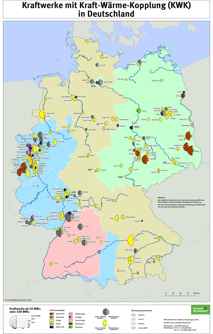 Die Karte zeigt die in Betrieb befindlichen Anlagen für Kraft-Wärme-Kopplung ab 50 Megawatt elektrischer Leistung in Deutschland.