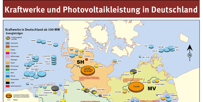 Die Karte zeigt Kraftwerke ab 100 MW sowie die installierte Photovoltaikleistung in Deutschland und den einzelnen Bundesländern.