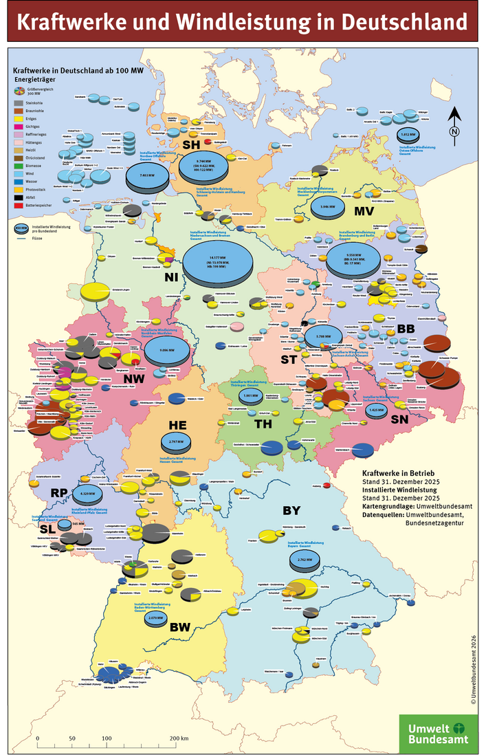 Die Karte zeigt Kraftwerke ab 100 MW sowie die installierte Windleistung in Deutschland, den einzelnen Bundesländern und auf See.