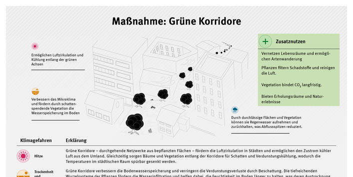 Infografik zur Maßnahme Grüne Korridore: Vernetzte Grünachsen in Städten fördern Luftzirkulation und Kühlung, verbessern das Mikroklima, unterstützen die Wasserspeicherung, reduzieren Abflussspitzen und schaffen zugleich Lebensräume sowie Erholungsräume.