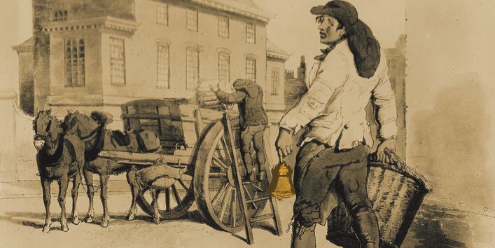 Altes Bild eines Mannes mit Korb und Glocke, der den Müll auf der Straße einsammelt.