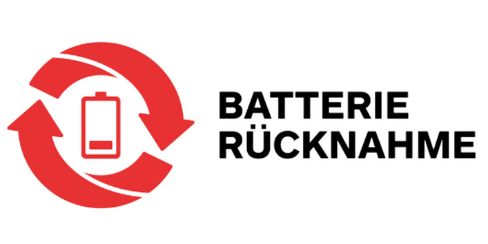 A graphic logo for battery recycling. On the left, two red circular arrows form a loop around a battery icon. On the right, the bold black text reads "BATTERIE RÜCKNAHME" (Battery Take-Back).