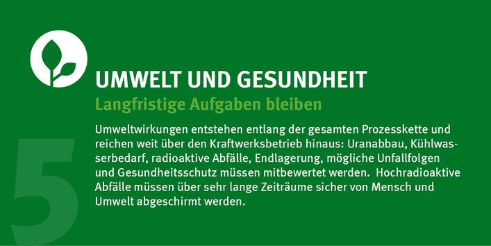 Grüne Kachel mit Pflanzensymbol: Umwelt und Gesundheit, langfristige Aufgaben.