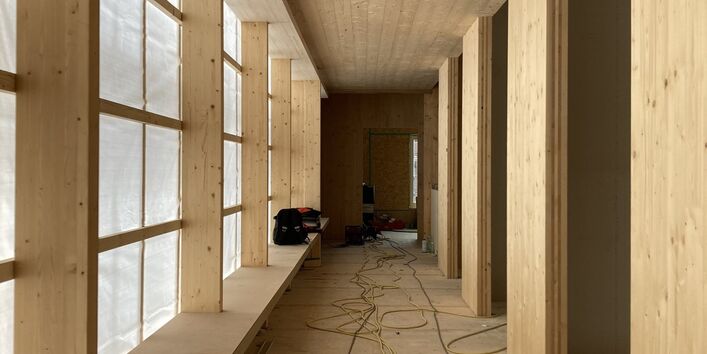 Innenausbau mit Holz, Blick in einen Flur, links Fenster, rechts Türausschnitte