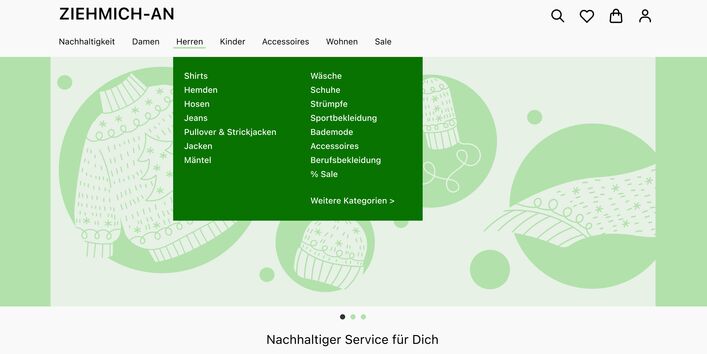 Das Bild zeigt, wie eine nachhaltig gestaltete Startseite eines Onlineshops aussehen könnte