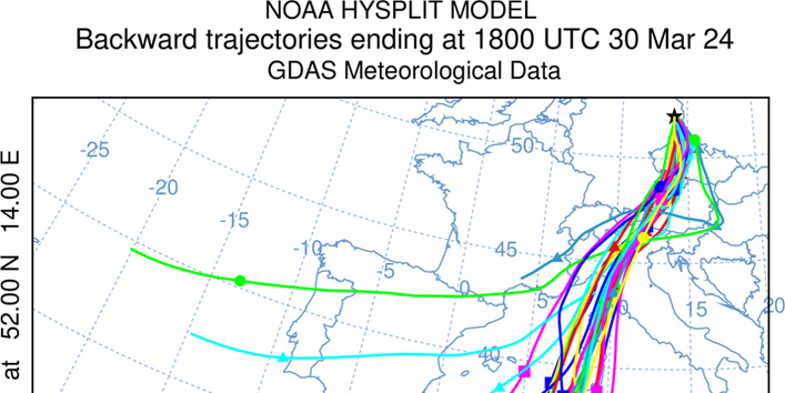 Die Linien verlaufen über Tschechien, die Alpen und Korsika nach Nordafrika.  Schlagworte: Trajectory, Deutschland, Trajektorie, Saharastaub, Feinstaub