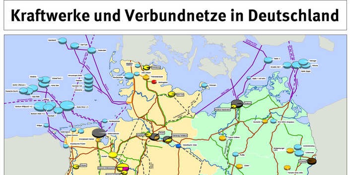 In der Karte der Kraftwerksstandorte sind Kraftwerke der öffentlichen Stromversorgung und Industriekraftwerke  mit einer Bruttoleistung ab 100 MW verzeichnet. Weiterhin sind die Höchstspannungsleitungen in den Spannungsebenen 380 kV und 220 kV eingetragen.