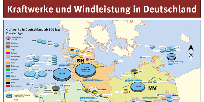 Die Karte zeigt Kraftwerke ab 100 MW sowie die installierte Windleistung in Deutschland, den einzelnen Bundesländern und auf See.