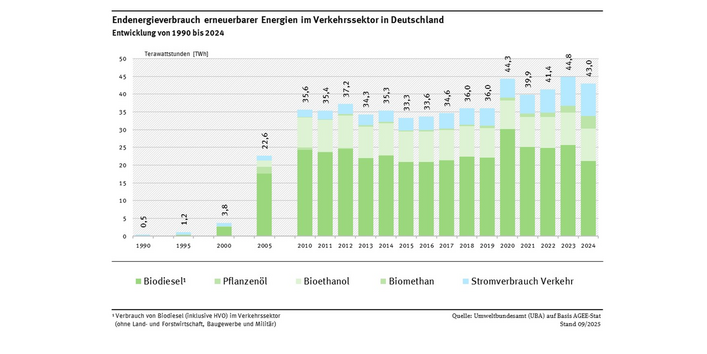 Das Diagramm zeigt die Entwicklung der erneuerbaren Energien im Verkehrssektor für 1990, 1995, 2000, 2005 und ab dem Jahr 2010. Dabei wird zwischen verschiedenen Arten von Biokraftstoffen und erneuerbarem Strom unterschieden. Der Verbrauch stieg zwischen den Jahren 2000 und 2010 stark an und blieb danach weitgehend konstant. Seit dem Jahr 2019 gibt es wieder ein Wachstum. Im Jahr 2023 wurde der bisherige Rekordwert erreicht (44,8 TWh), dieser Wert wurde 2024 mit 43,0 TWh verfehlt.