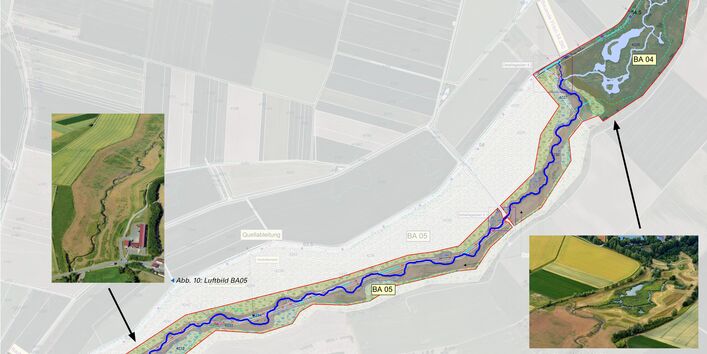Grafisch bearbeitetes Luftbild und Beispielfotos der Bauabschnitte IV und V an der Wern. Der Entwicklungskorridor ist hervorgehoben