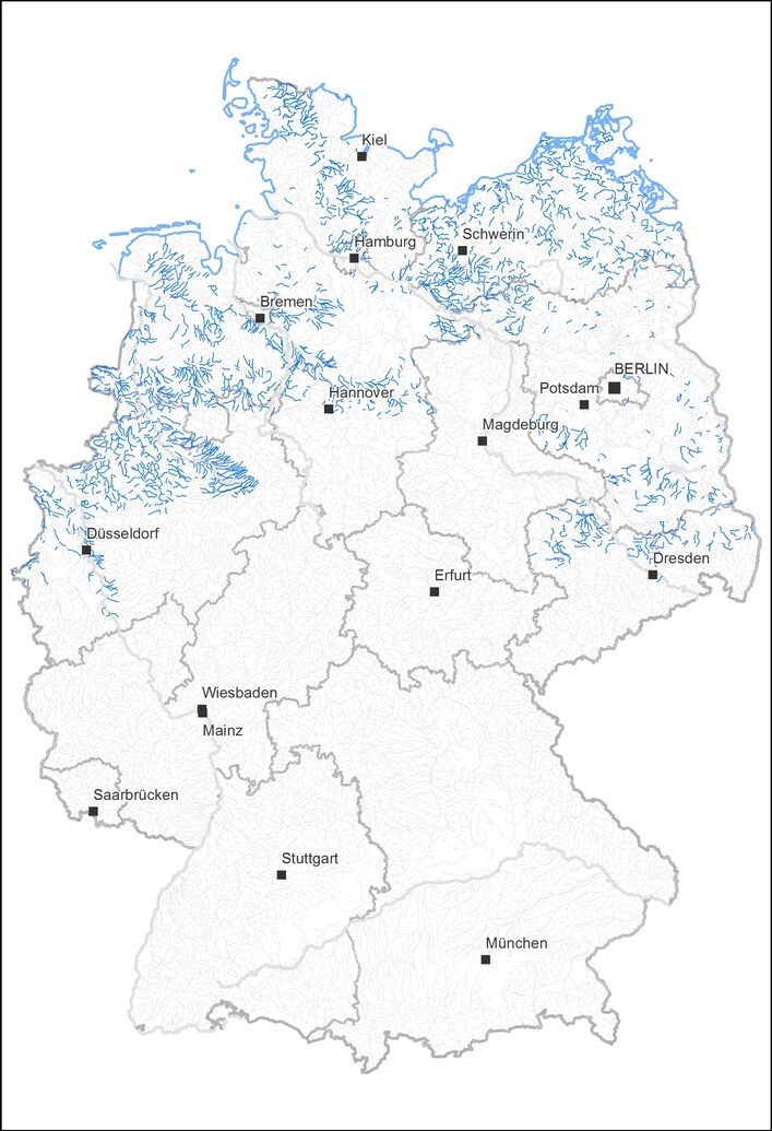 Deutschlandkarte mit den Flüssen vom Typ "sandiger Tieflandbach"