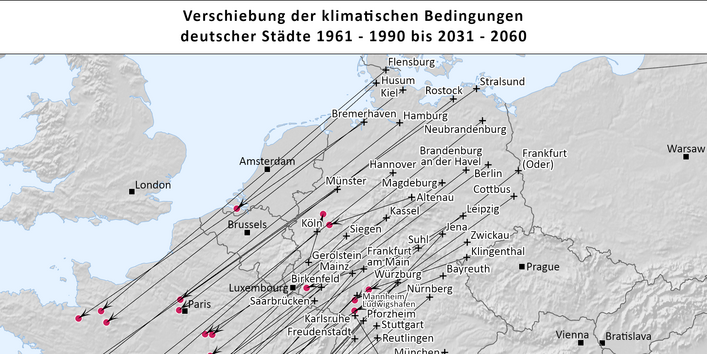 Zu sehen sind die beschriebenen Klimaanalogien der deutschen Städte in einer Europakarte für den Zeitraum 2031-2060