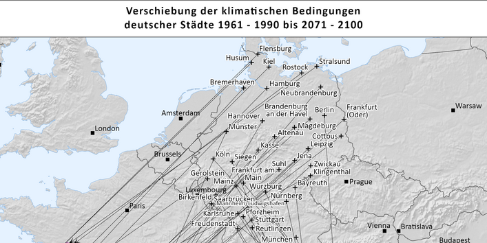 Zu sehen sind die beschriebenen Klimaanalogien der deutschen Städte in einer Europakarte für den Zeitraum 2071-2100