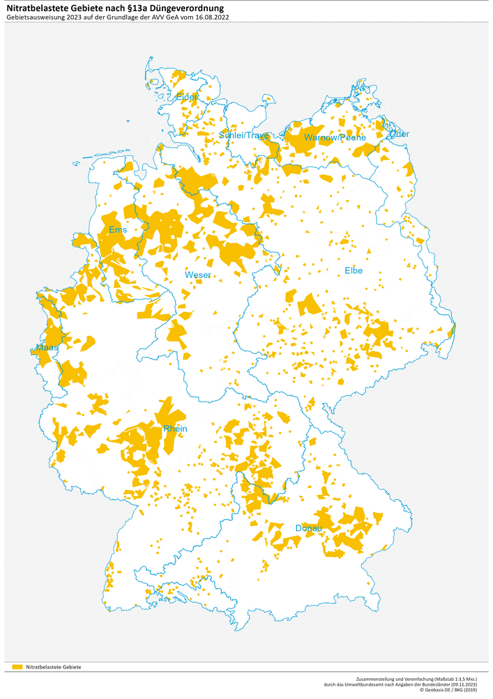 Abbildung 1: Dargestellt ist eine Karte Deutschlands, in der die nitratbelasteten Gebiete eingezeichnet sind. 