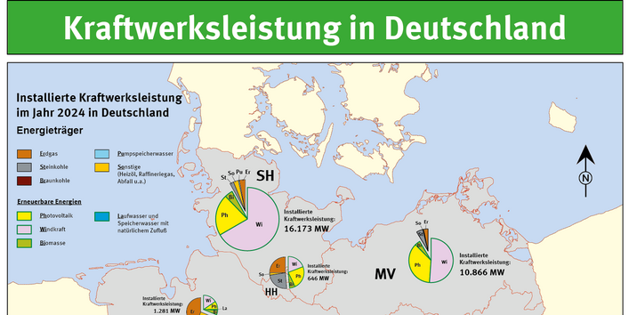 Die Karte zeigt die installierte Kraftwerksleistung der einzelnen deutschen Bundesländer und von Deutschland insgesamt.