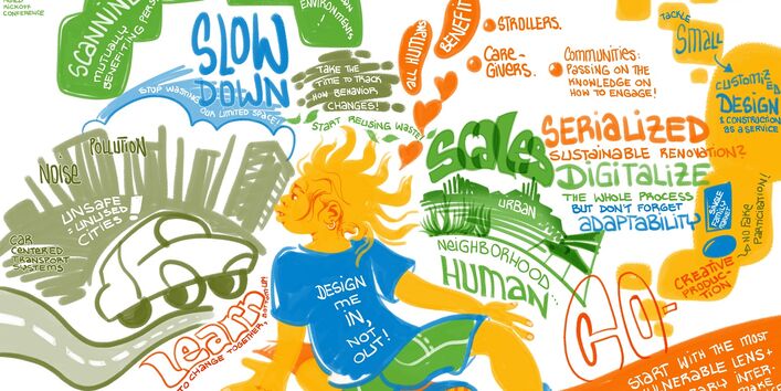 Graphical synthesis of the parallel workshops, e.g. a child in front of a car: Design me in, not out!